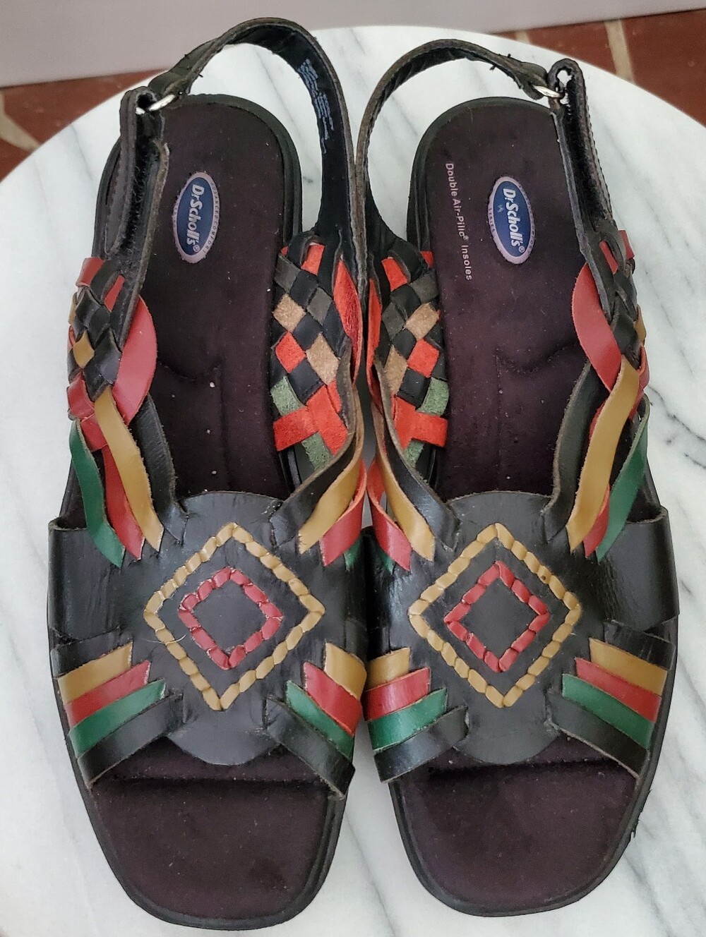 Vintage Dr Scholl's Leather Aztec Slingback Sandals Black Multicolor 8.5